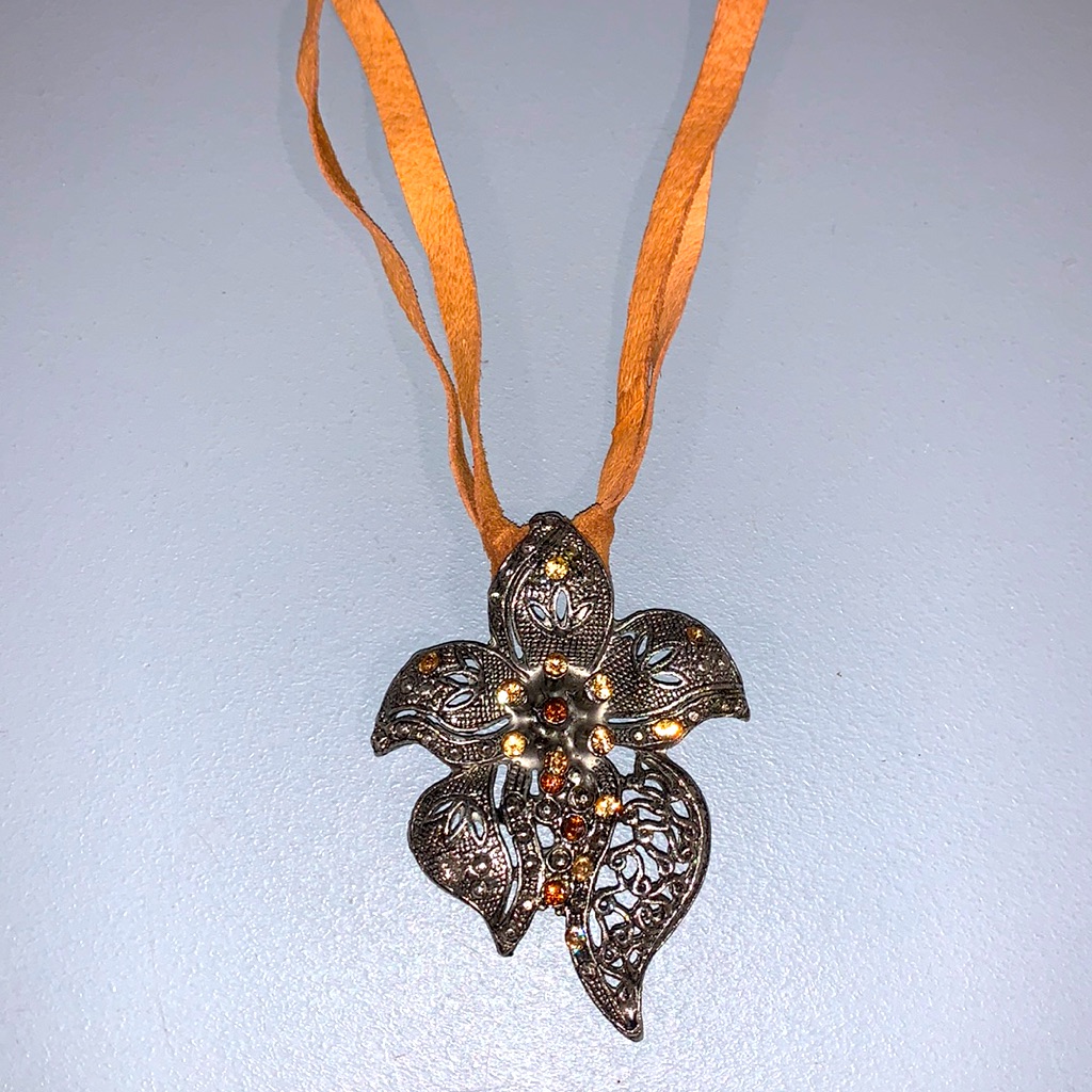 Floral Metal Necklace On Brown Suede Double Necklace